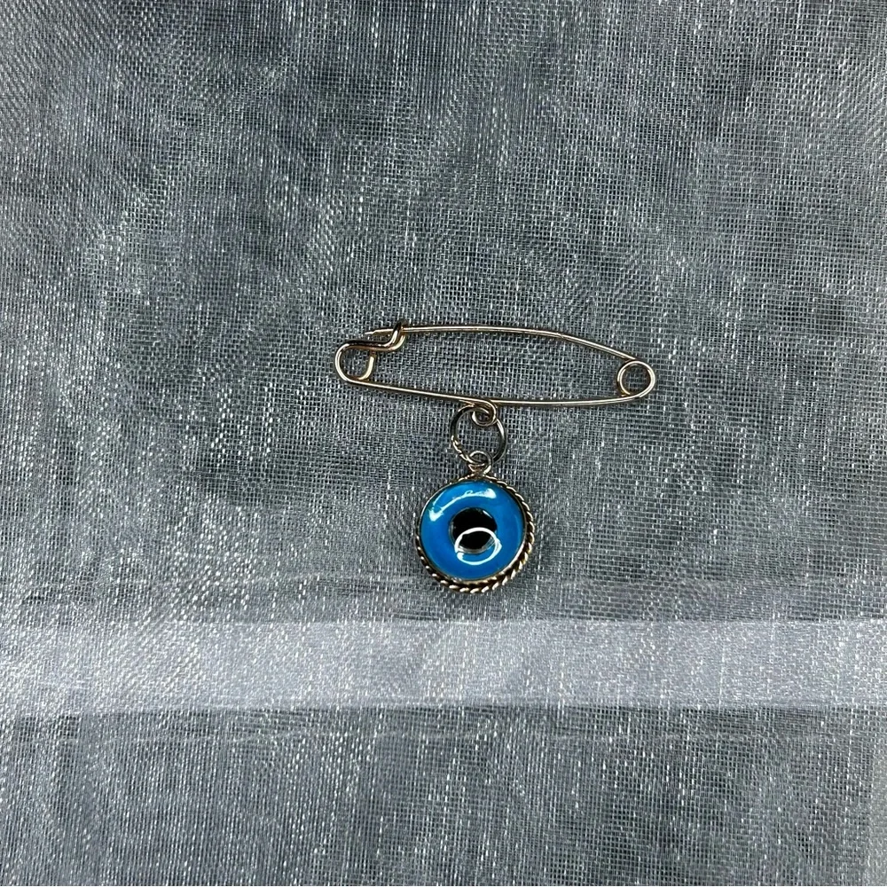 NEW - Vintage 14KT Solid Gold Evil Watchful Eye Safety Pin Pendant Charm Lucky